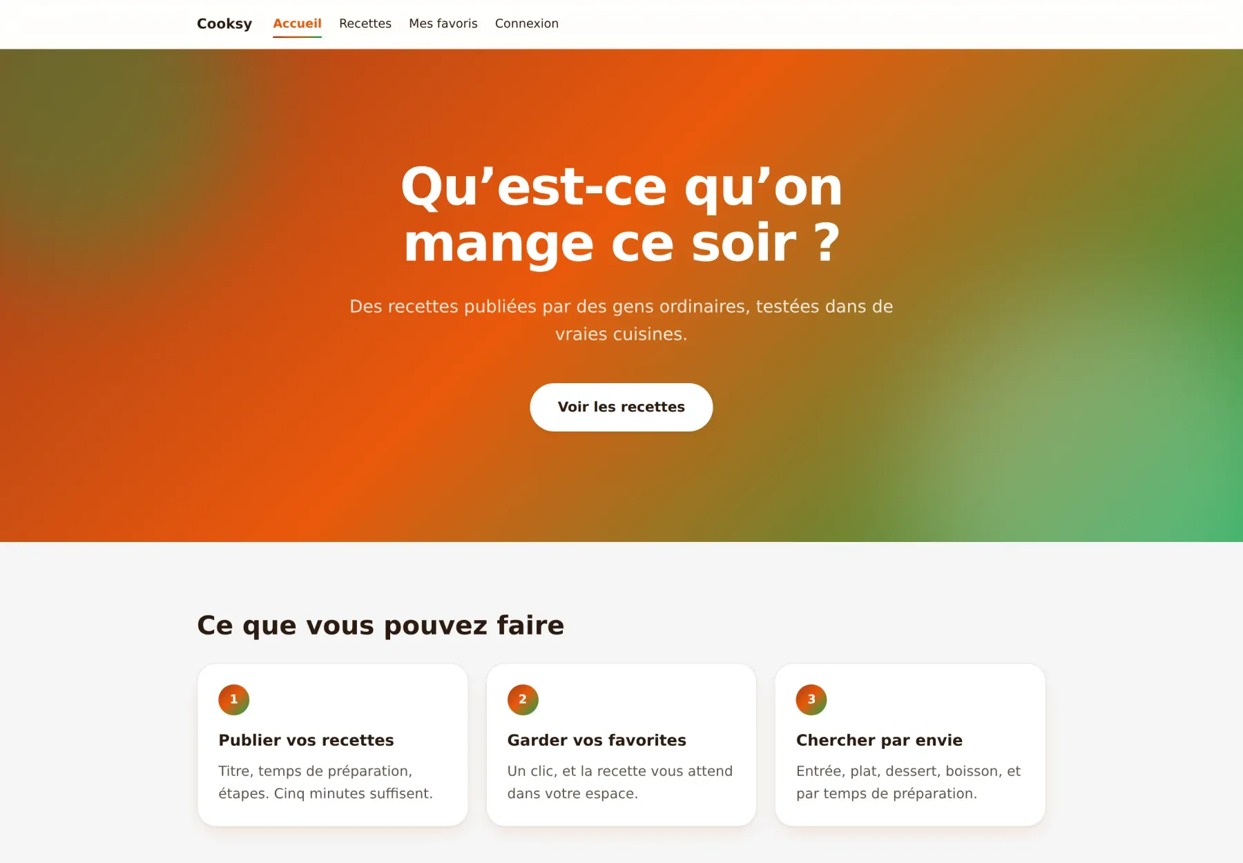 Page recettes de Cooksy, avec la liste des recettes publiées