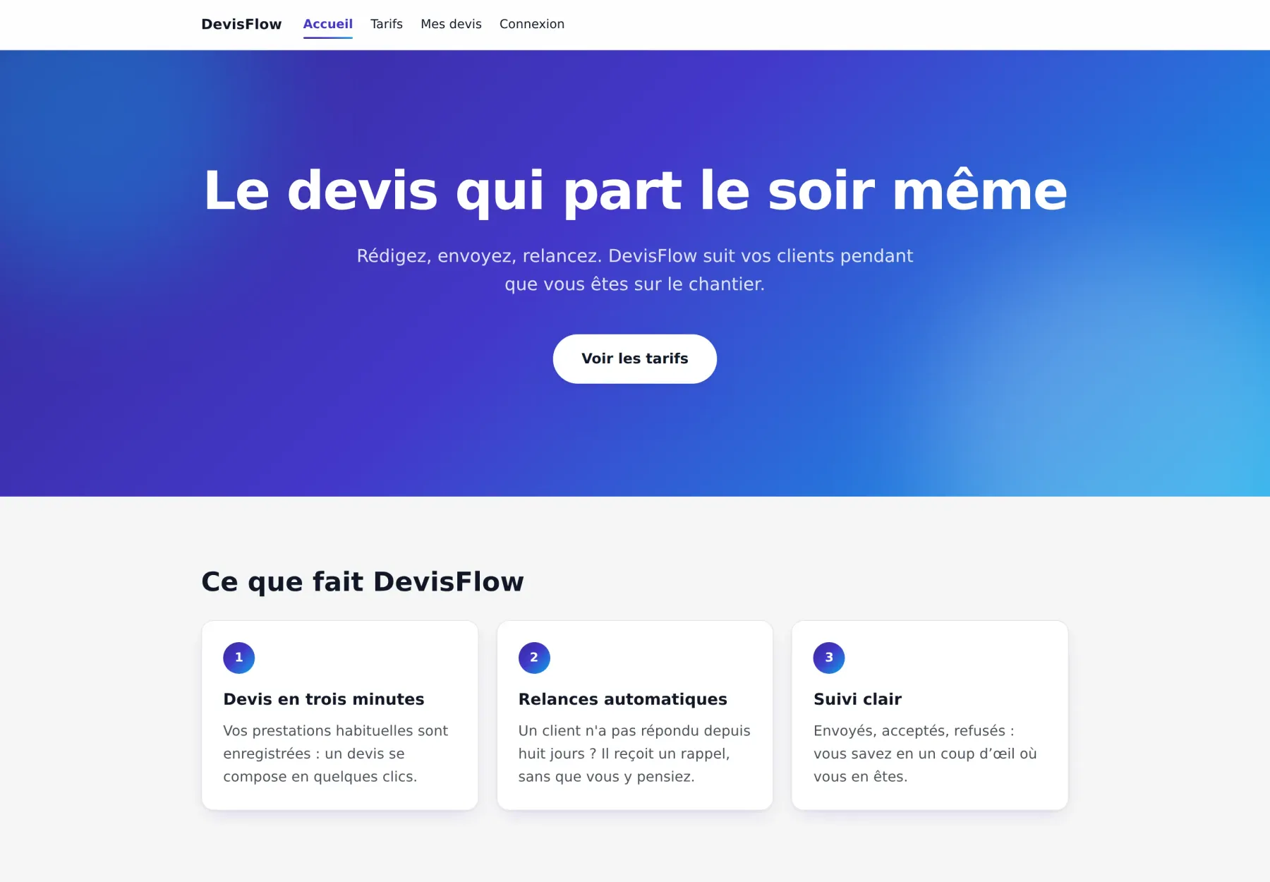 Page d'accueil de DevisFlow, une application de devis pour artisans