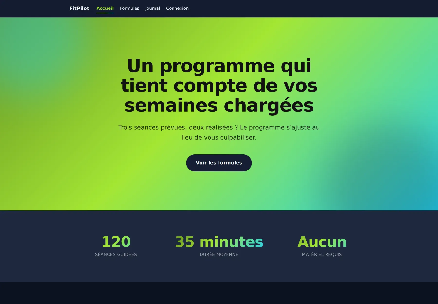 Interface sombre de FitPilot, application de suivi d’entraînement